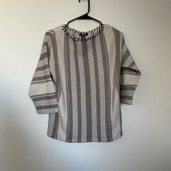 Chaps Women’s Sweater M Beige Taupe Stripe Pullover 3/4 Sleeve Cotton Blend Knit - Picture 1 of 4